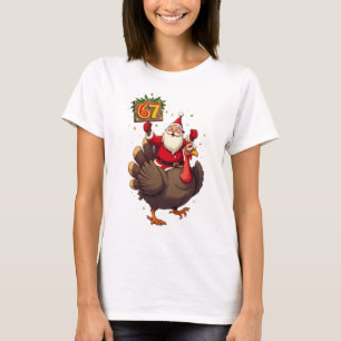 Camiseta 🎅🦃 Papai Noel Montado em um Peru com o Número 67