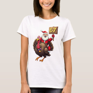 Camiseta 🎅🦃 Papai Noel Montado em um Peru com o Número 67