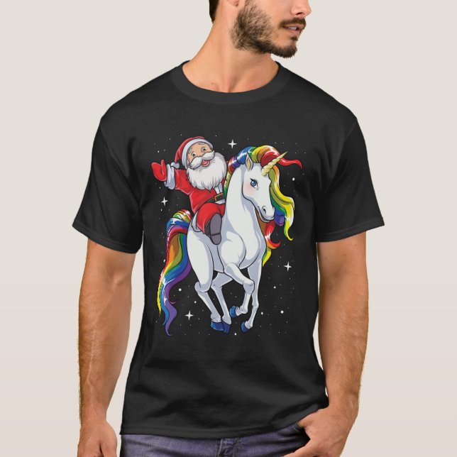 Camiseta Papai Noel Montando Unicórnio Presentes de Natal E (Frente)