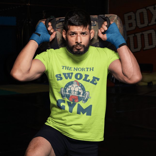 Camiseta Papai Noel Muscular Levantando uma Barbell de Gym (Criador carregado)