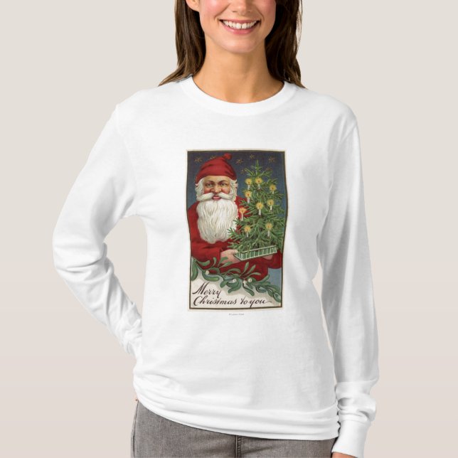 Camiseta Papai noel que guardara uma árvore iluminada por (Frente)