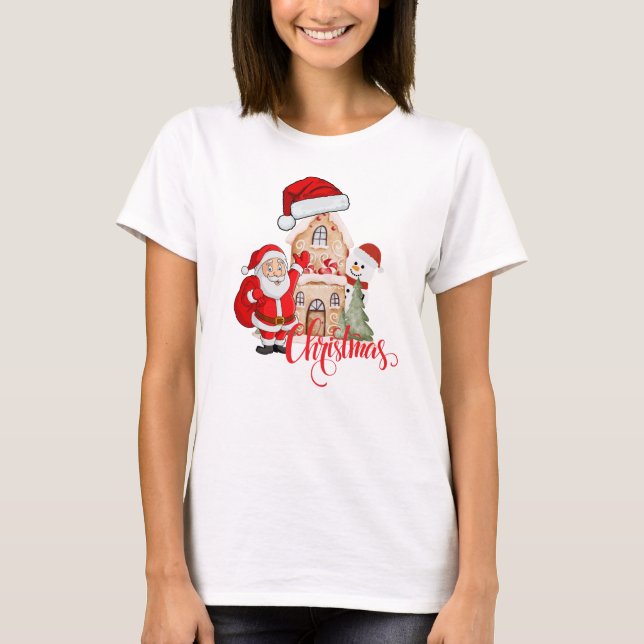 Camiseta Papai Noel, Snowman & Gingerbird House Clássico C (Frente)