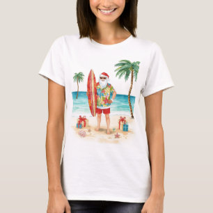 Camiseta Papai Noel surfando na Festa de Natal na praia 
