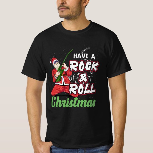 Camiseta Papai Noel Tem Violão De Natal De Rock E Roll (Frente)