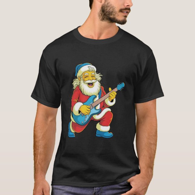 Camiseta Papai Noel tocando violão alegremente no Natal (Frente)