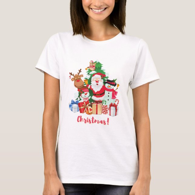 Camiseta Papai Noel, um feliz boneco de neve e renas no Chr (Frente)