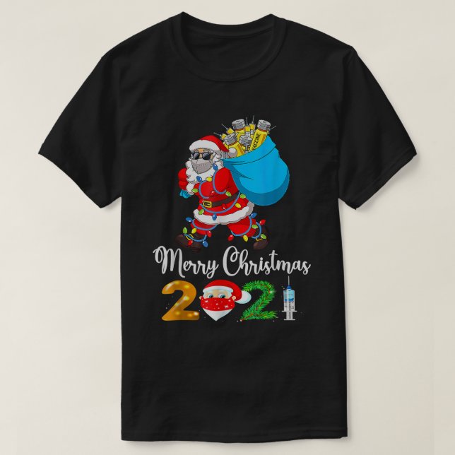 Camiseta Papai Noel Vacinou Luzes de Natal Feliz Natal (Frente do Design)