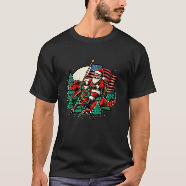 Camiseta Papais noeis Andando Dinossauro EUA Bandeira T Rex (Frente)