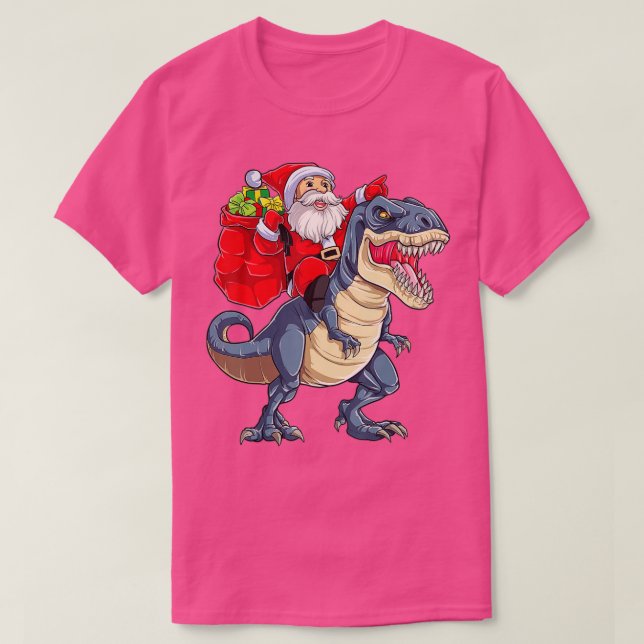 Camiseta Papais noeis Andando Dinossauros T rex natalinos M (Frente do Design)