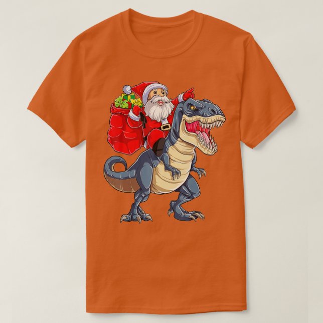 Camiseta Papais noeis Andando Dinossauros T rex natalinos M (Frente do Design)