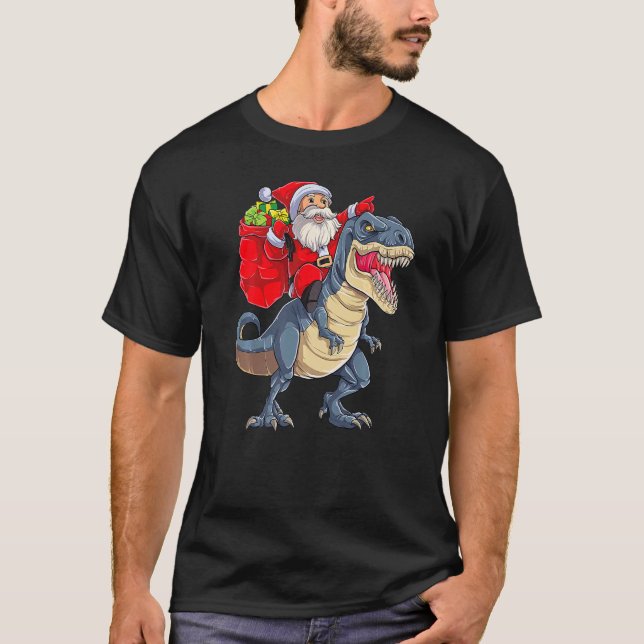 Camiseta Papais noeis Andando no Dinossaur rex Natal Feriad (Frente)