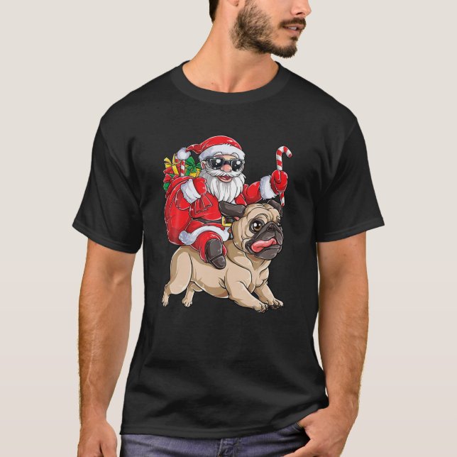 Camiseta Papais noeis Andando Pug Christmas Pug Lover Feliz (Frente)