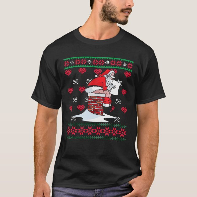 Camiseta Papais noeis Baixando Chaminé Feia Xmas Sweater Ch (Frente)