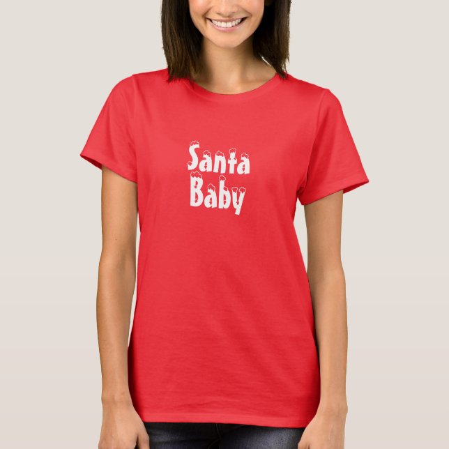 Camiseta Papais noeis Bebê vermelho branco neve texto bonit (Frente)