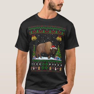 Camiseta Papais noeis Bison Animal Xmas Lighting Ugly Bison