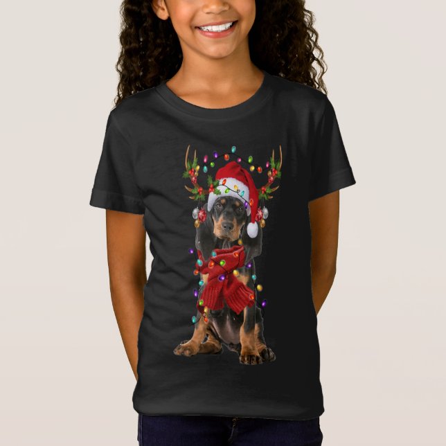 Camiseta Papais noeis Black and Tan Coonhound Dog Reindeer  (Frente)