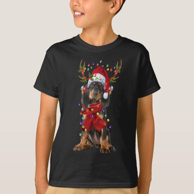 Camiseta Papais noeis Black and Tan Coonhound Dog Reindeer  (Frente)
