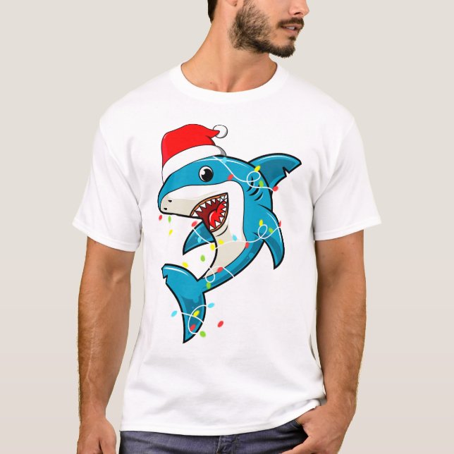 Camiseta Papais noeis bonitos Luzes de Natal de tubarão Cam (Frente)