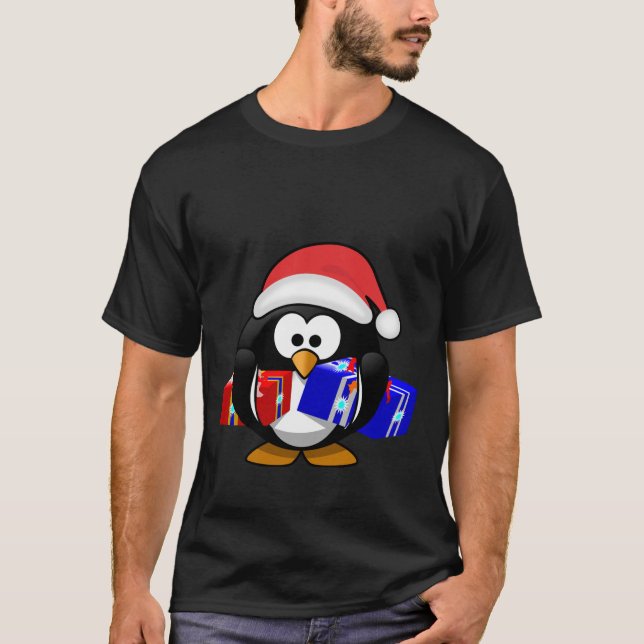 Camiseta Papais noeis Bonitos Pinguim Com Presentes (Frente)