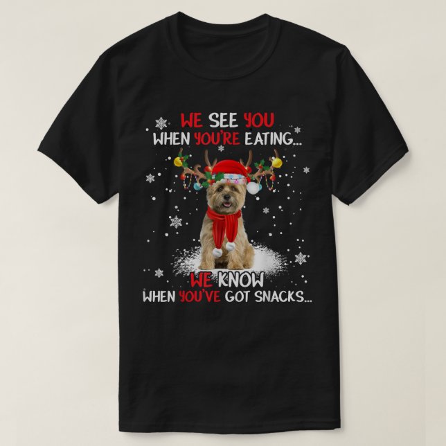 Camiseta Papais noeis Cairn Terrier Reindeer Luz de Natal (Frente do Design)
