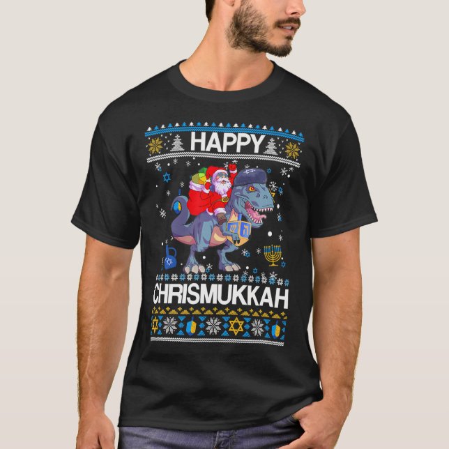 Camiseta Papais noeis Christmukkah felizes Andando Dinasour (Frente)