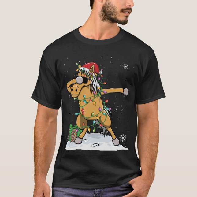 Camiseta Papais noeis Dabbing Horse Natal Luz Engraçada Nat (Frente)