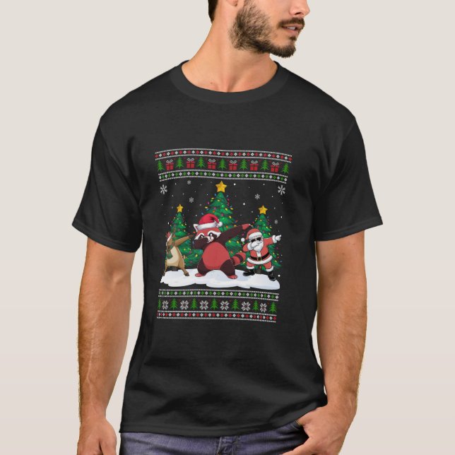 Camiseta Papais noeis Dabbing Reindeer Red Panda Tree Luzes (Frente)