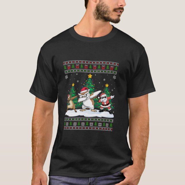 Camiseta Papais noeis Dabbing Reindeer Snowy Owl Tree Luzes (Frente)