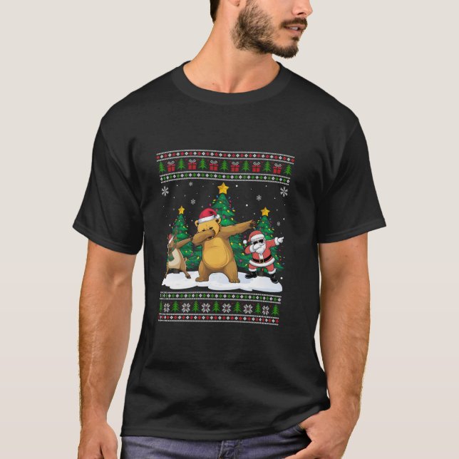 Camiseta Papais noeis Dabbing Reindeer Sun Bear Tree Luzes  (Frente)