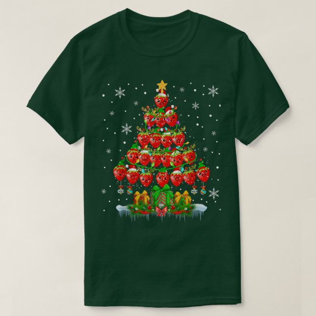 Camiseta Papais noeis de Árvore de Natal Morangos Xmas Ligh (Frente do Design)