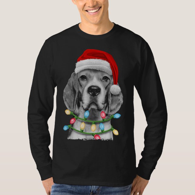 Camiseta Papais noeis de Beagle Árvore de Natal Luzes de Na (Frente)