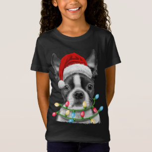Camiseta Papais noeis de Boston Terrier Árvore de Natal Luz