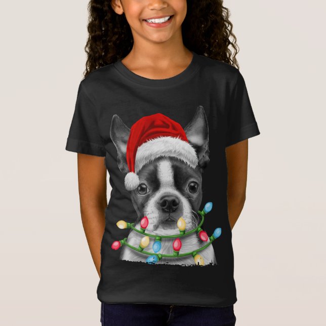 Camiseta Papais noeis de Boston Terrier Árvore de Natal Luz (Frente)