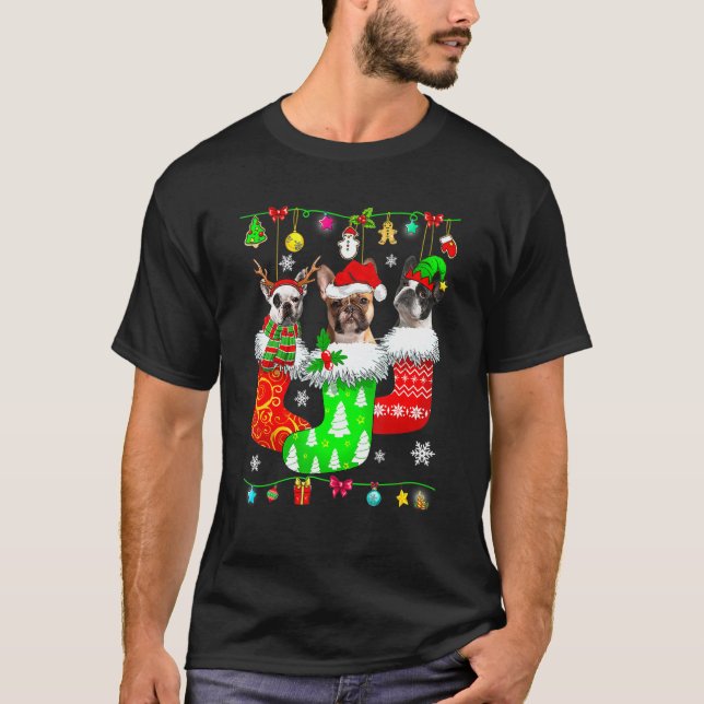 Camiseta Papais noeis de Bulldog Franceses de Natal Meias C (Frente)