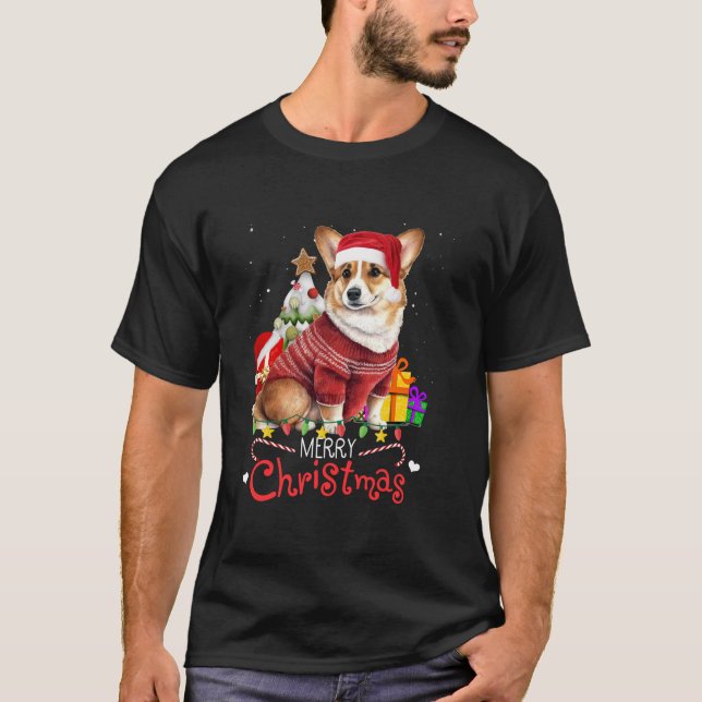 Camiseta Papais noeis de Corgi Feliz Árvore de Natal Menino (Frente)