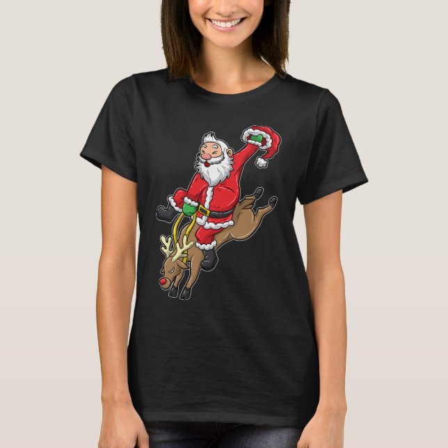 Camiseta Papais noeis De Cowboy Xmas Reindeer Rodeo Natal E (Frente)
