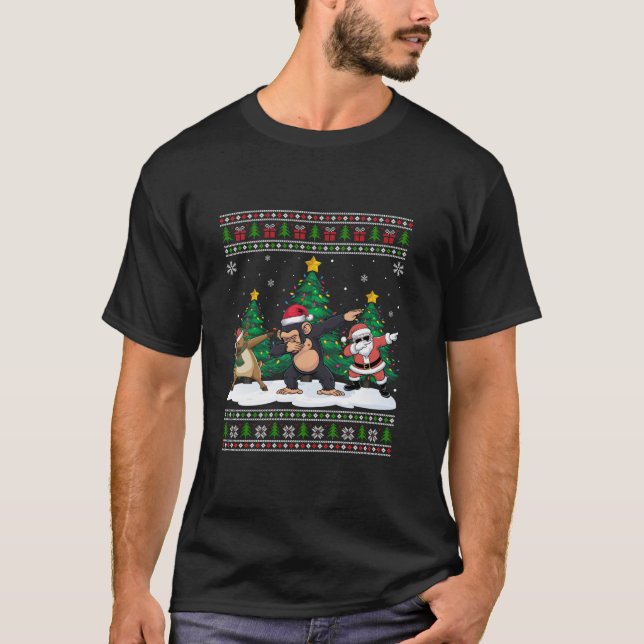 Camiseta Papais noeis De Dabbing Reindeer Chimpanzee Tree L (Frente)
