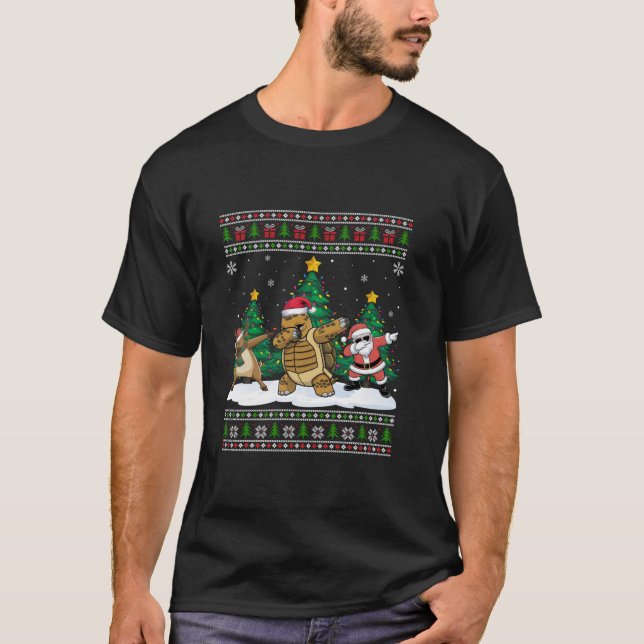 Camiseta Papais noeis De Dabbing Reindeer Tortoise Luzes Fe (Frente)