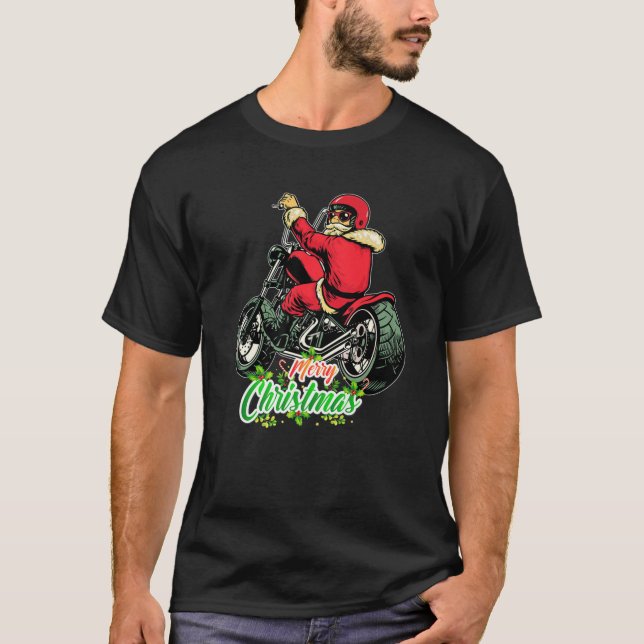Camiseta Papais noeis De Design De Natal Dirigindo Uma Moto (Frente)