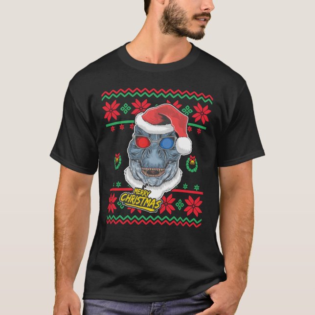 Camiseta Papais noeis de dinossauros T-Rex no Natal (Frente)