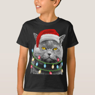 Camiseta Papais noeis de gato Árvore de Natal Luzes de Nata