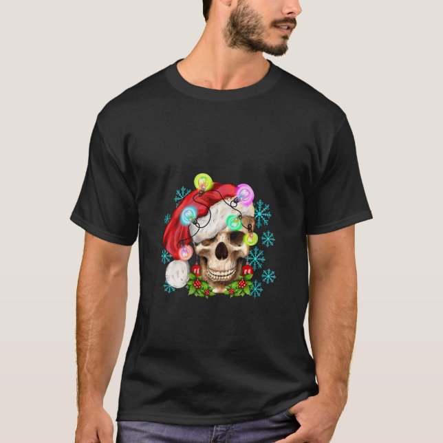 Camiseta Papais noeis de natal alegres Luzes Caveira Esquel (Frente)