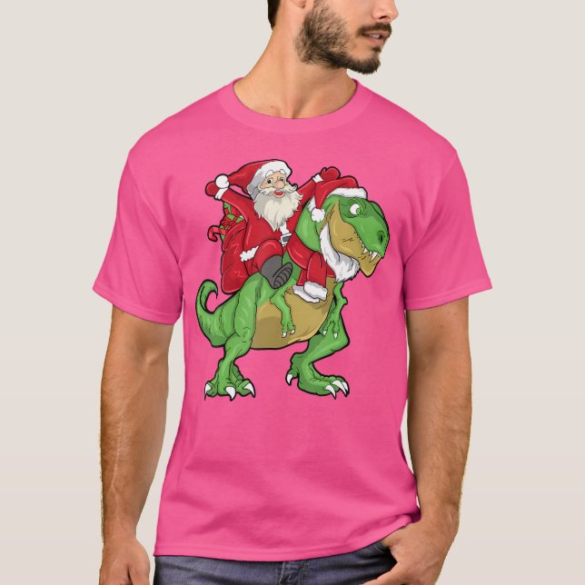 Camiseta Papais noeis de Natal Andando em T-Rex Dinossauros (Frente)