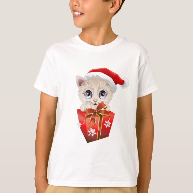 Camiseta Papais noeis de Natal Kitten com presentes (Frente)