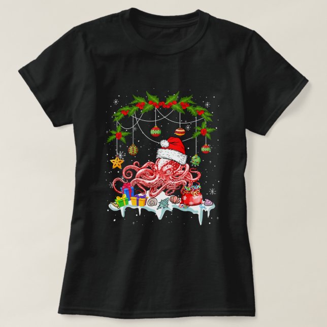 Camiseta Papais noeis de Natal Octopus Funny Costume Sea An (Frente do Design)