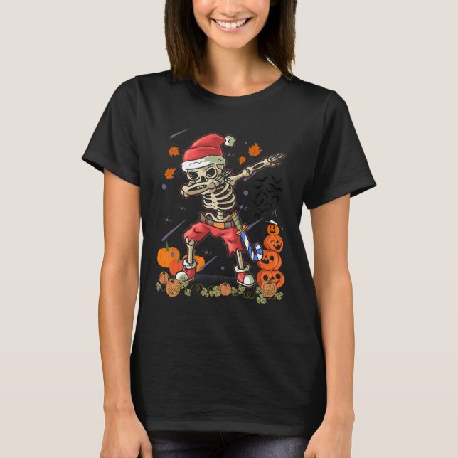 Camiseta Papais noeis de Natal Skeleton Dabbing Halloween C (Frente)