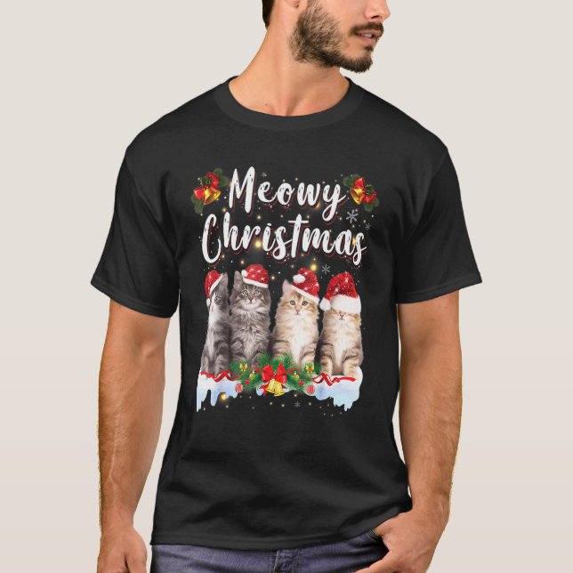 Camiseta Papais noeis De Pijamas De Natal Da Família Cat Me (Frente)