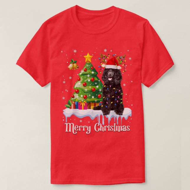 Camiseta Papais noeis de Poodle Negra Árvore de Natal Luzes (Frente do Design)