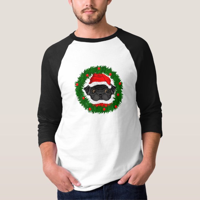 Camiseta Papais noeis de Pug Preto de Natal Bonito em Terra (Frente)