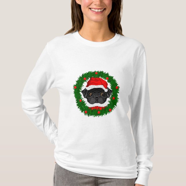 Camiseta Papais noeis de Pug Preto de Natal Bonito em Terra (Frente)